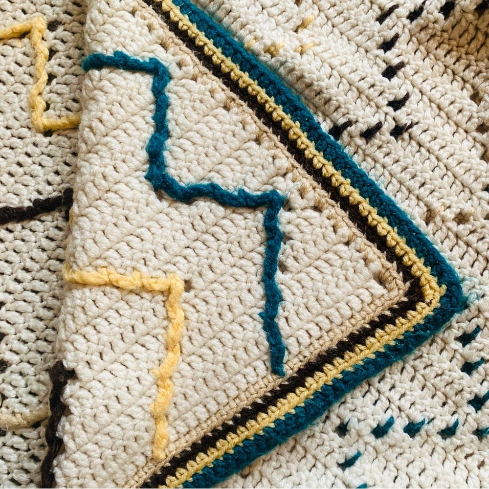 Vintage Handmade Crochet Afghan Throw Blanket Zig Zag Cream Teal Brown 59”x75” - Picture 5 of 8